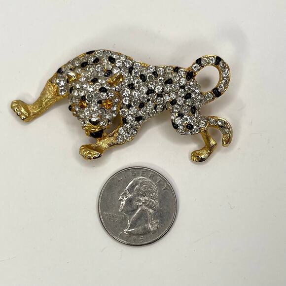 Leopard Cheetah Jaguar Wild Cat Animal Brooch Pin Gold Black Rhinestones - Picture 5 of 7